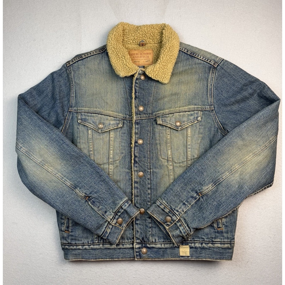 Abercrombie & Fitch Men's Vintage Sherpa Y2K Denim Jacket Distressed Trucker L
